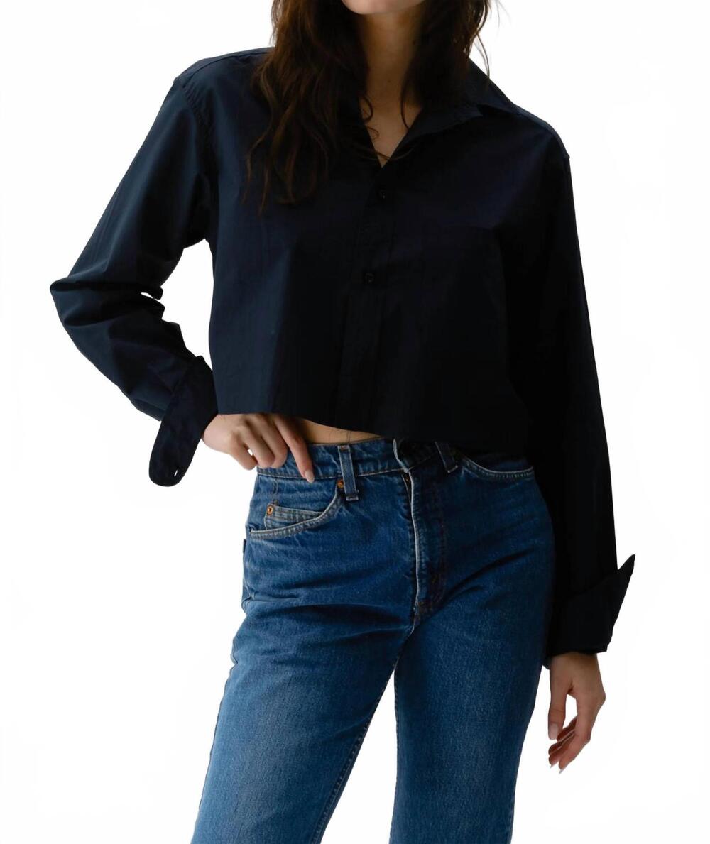 NEW CISSA crop button down wrap shirt in navy blue